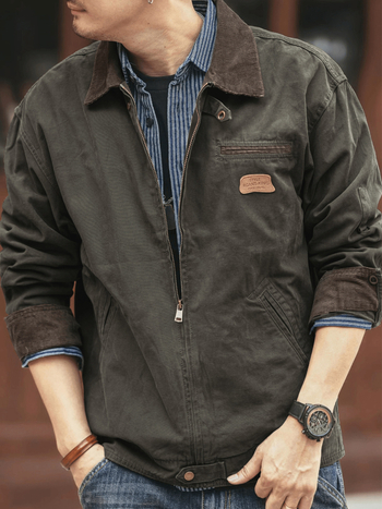 Pamut dzseki cipzárral, japán workwear stílusban, szoros szabás, tavasz–őszre