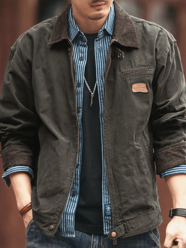 Pamut dzseki cipzárral, japán workwear stílusban, szoros szabás, tavasz–őszre