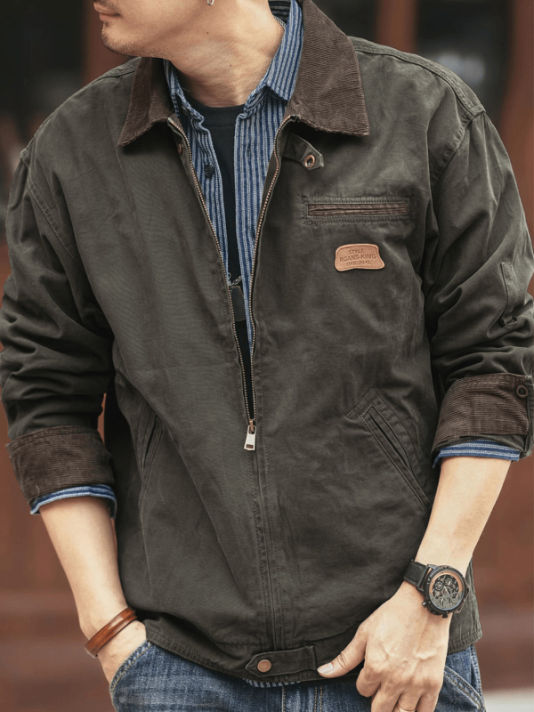 Pamut dzseki cipzárral, japán workwear stílusban, szoros szabás, tavasz–őszre