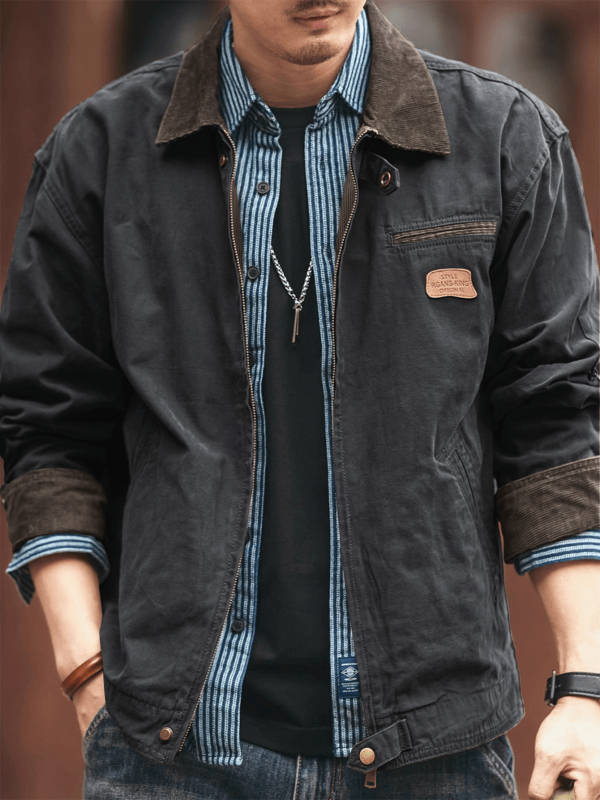 Pamut dzseki cipzárral, japán workwear stílusban, szoros szabás, tavasz–őszre