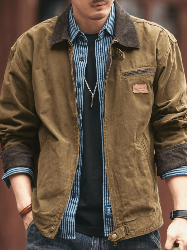 Pamut dzseki cipzárral, japán workwear stílusban, szoros szabás, tavasz–őszre