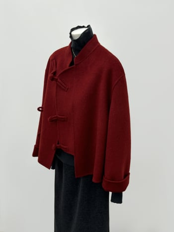 Дамско двустранно вълнено палто, без яка, дълги ръкави, ръчно ушито, съдържание на 95% вълна, есен 2025, китайски стил