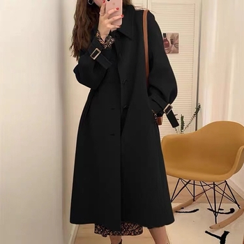 Дамско дълго вълнено палто, корейски стил, свободна кройка, яка тип риза, едноредово закопчаване