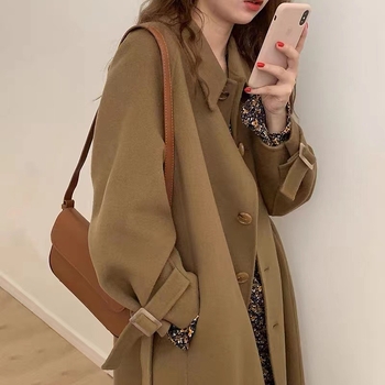 Дамско дълго вълнено палто, корейски стил, свободна кройка, яка тип риза, едноредово закопчаване
