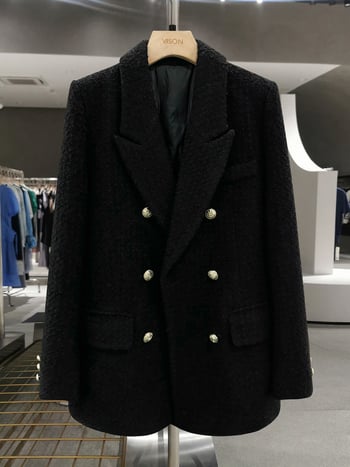 Женски жакет с двойно копчане и костюмска яка, гъста полиестерна материя, дълги ръкави, средна дължина, зимна колекция 2025