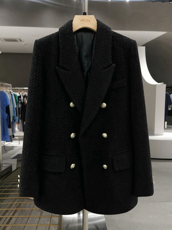 Женски жакет с двойно копчане и костюмска яка, гъста полиестерна материя, дълги ръкави, средна дължина, зимна колекция 2025