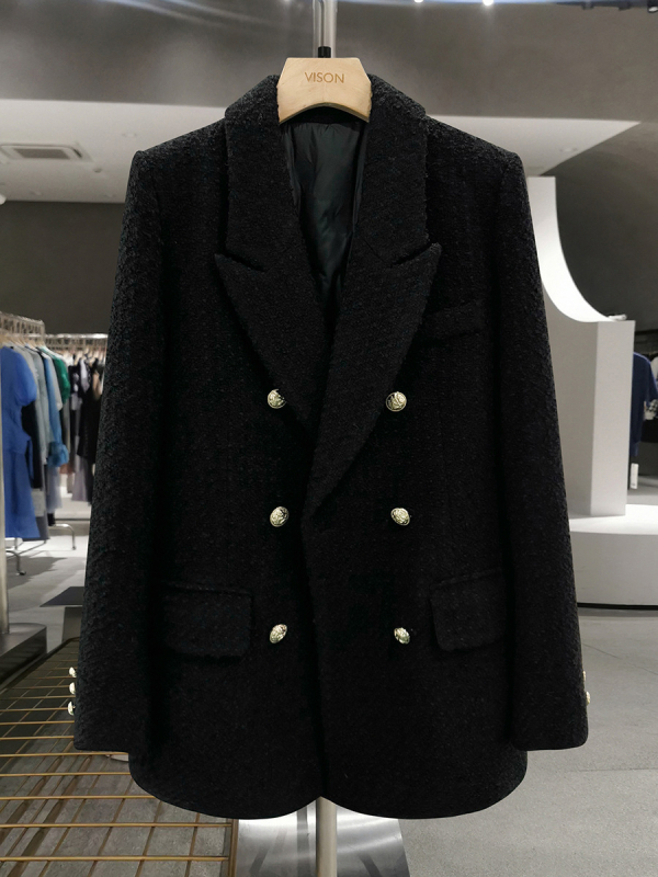 Женски жакет с двойно копчане и костюмска яка, гъста полиестерна материя, дълги ръкави, средна дължина, зимна колекция 2025