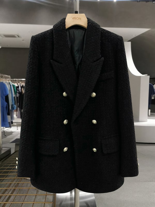 Женски жакет с двойно копчане и костюмска яка, гъста полиестерна материя, дълги ръкави, средна дължина, зимна колекция 2025