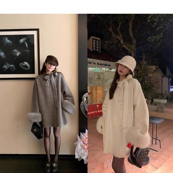 Дамско палто от вълна с двустранно ръчно шиене и панделка, средна дължина, корейски стил, реглан ръкави