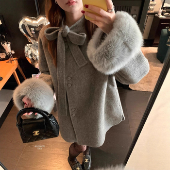 Дамско палто от вълна с двустранно ръчно шиене и панделка, средна дължина, корейски стил, реглан ръкави