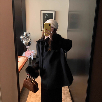 Дамско палто от вълна с двустранно ръчно шиене и панделка, средна дължина, корейски стил, реглан ръкави