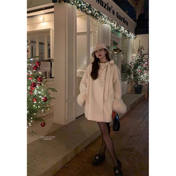 Дамско палто от вълна с двустранно ръчно шиене и панделка, средна дължина, корейски стил, реглан ръкави