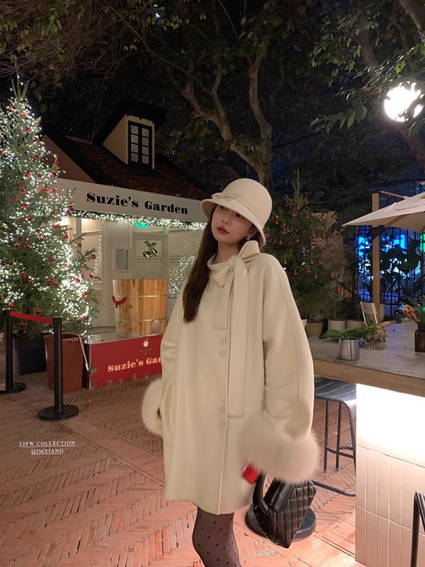 Дамско палто от вълна с двустранно ръчно шиене и панделка, средна дължина, корейски стил, реглан ръкави