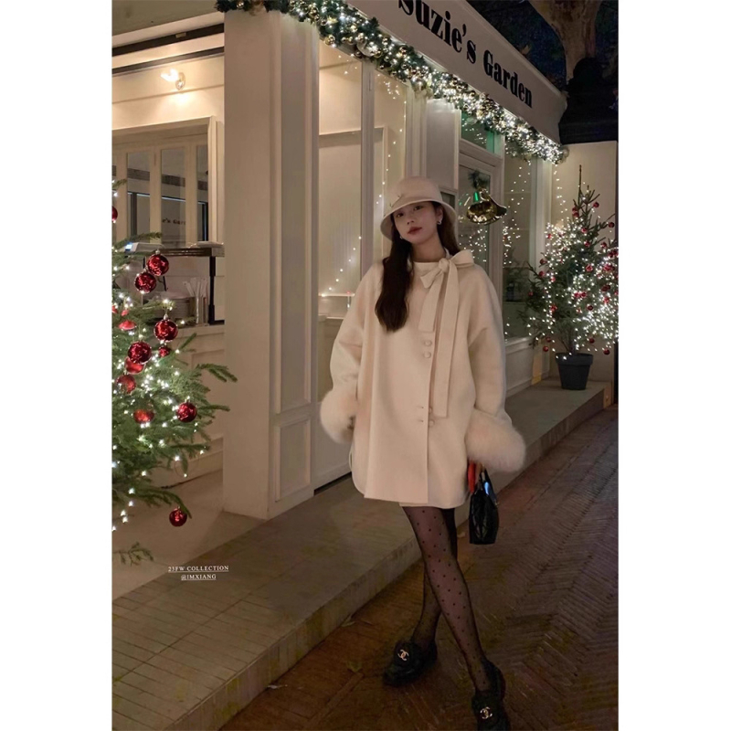 Дамско палто от вълна с двустранно ръчно шиене и панделка, средна дължина, корейски стил, реглан ръкави