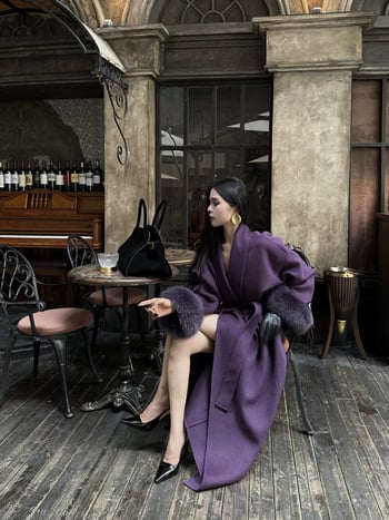 Дамско двустранно палто от вълна със сваляеми ръкави от лисица, дълга дължина, предно връзване, V-образно деколте