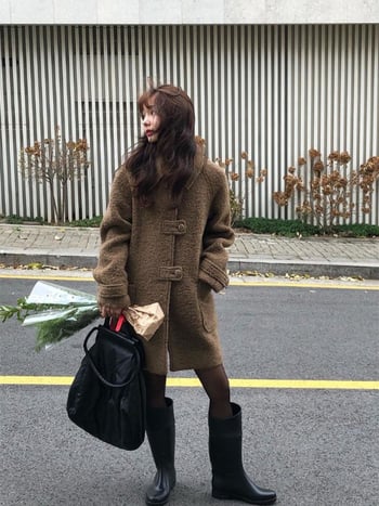 Дамско вълнено палто с лацкан, средна дължина, свободна кройка, корейски стил