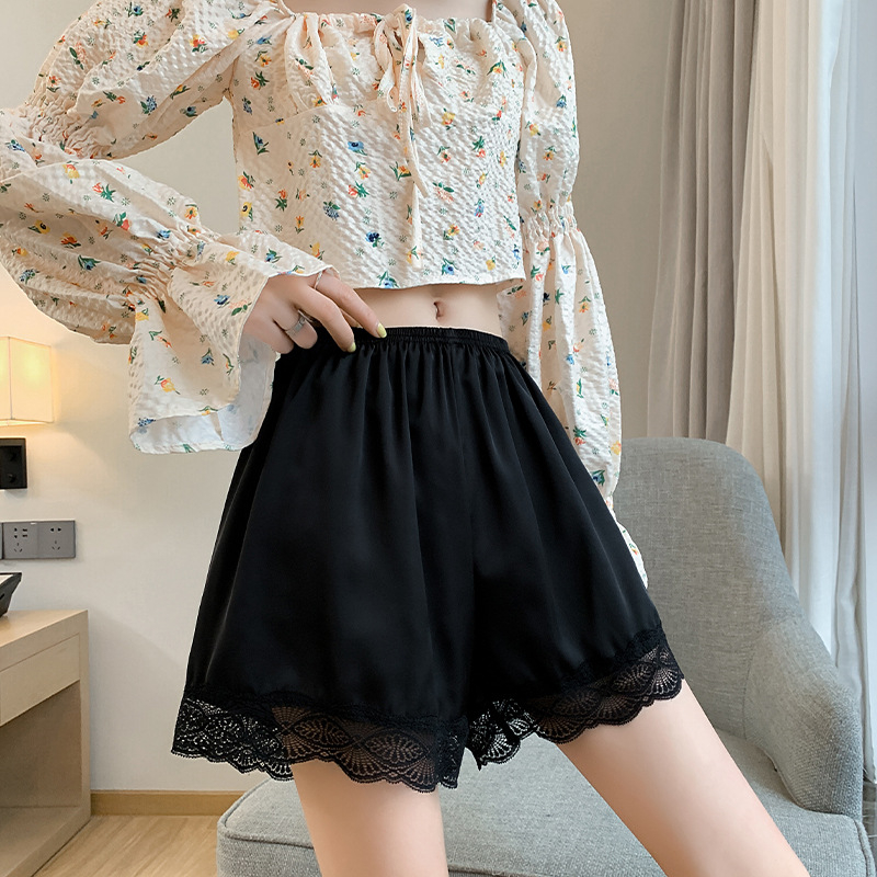 Αεράτα πολυεστερικά παντελόνια πυτζάμας, υψηλή μέση, δαντελένια διακόσμηση, φαρδιά γραμμή, μήκος τριών τετάρτων, μικροελαστικότητα