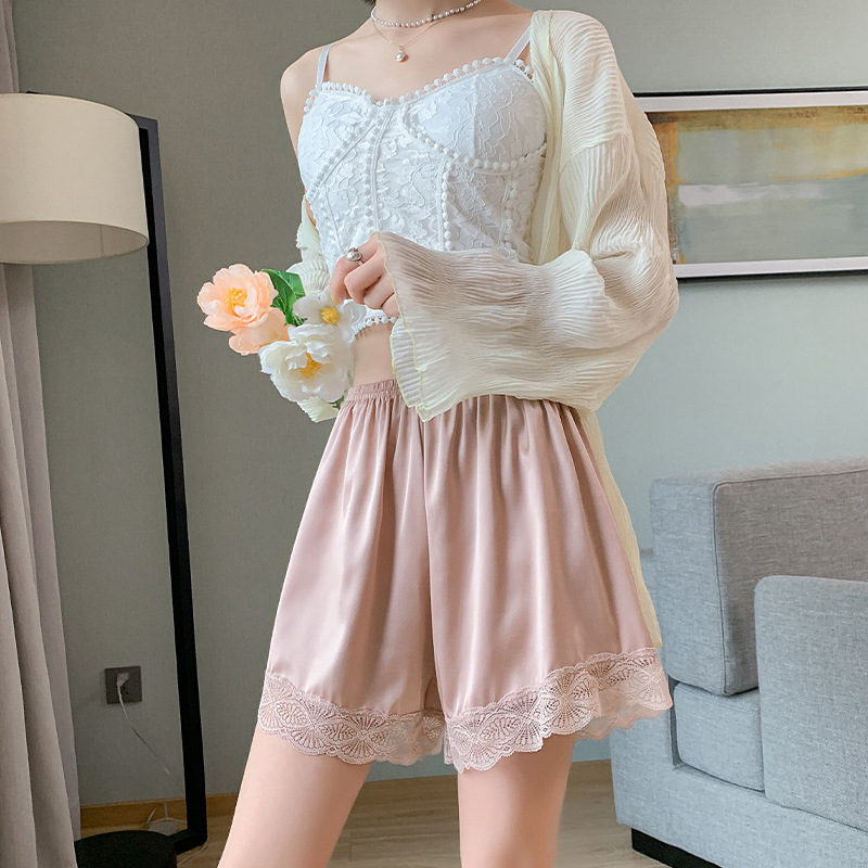 Αεράτα πολυεστερικά παντελόνια πυτζάμας, υψηλή μέση, δαντελένια διακόσμηση, φαρδιά γραμμή, μήκος τριών τετάρτων, μικροελαστικότητα