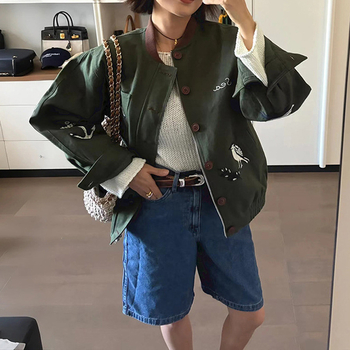 SAVI~ Francúzsky štýl 2025 jesenná-zimná krátka bunda s výšivkou motívu vtáka a ryby, 3D vzor, pásové sťahovanie, bavlna, stojací golier, zips