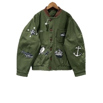 SAVI~ Francúzsky štýl 2025 jesenná-zimná krátka bunda s výšivkou motívu vtáka a ryby, 3D vzor, pásové sťahovanie, bavlna, stojací golier, zips