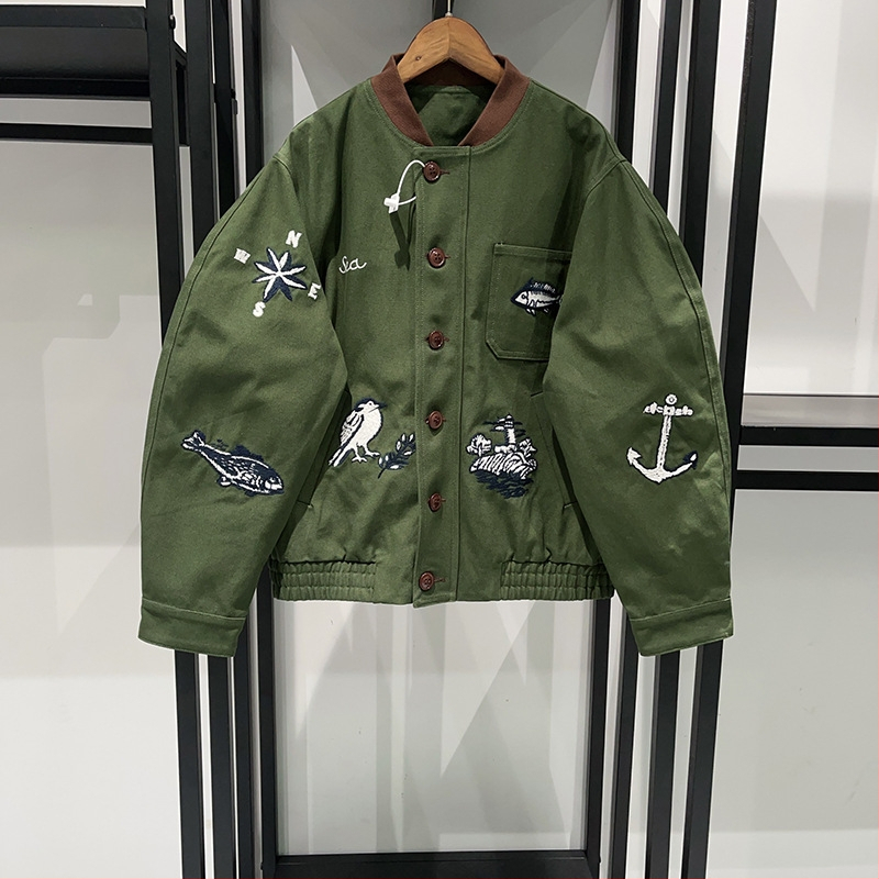 SAVI~ Francúzsky štýl 2025 jesenná-zimná krátka bunda s výšivkou motívu vtáka a ryby, 3D vzor, pásové sťahovanie, bavlna, stojací golier, zips