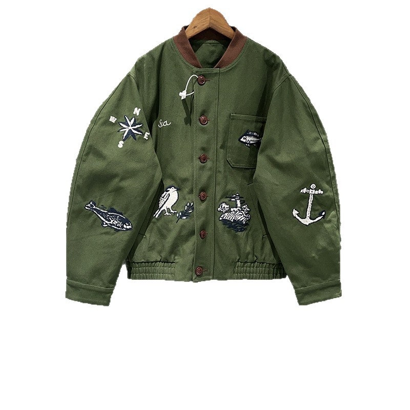 SAVI~ Francúzsky štýl 2025 jesenná-zimná krátka bunda s výšivkou motívu vtáka a ryby, 3D vzor, pásové sťahovanie, bavlna, stojací golier, zips