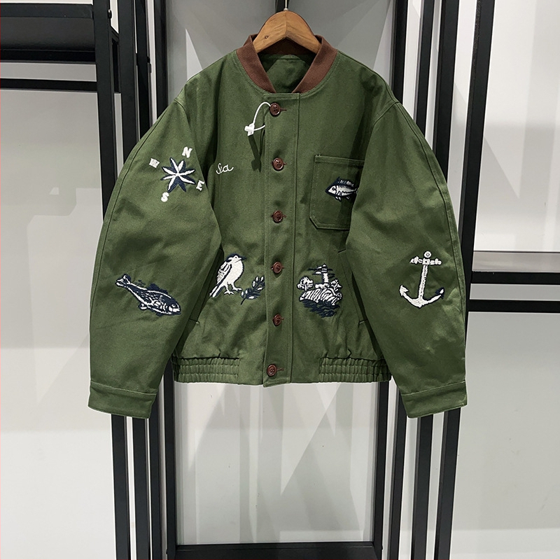 SAVI~ Francúzsky štýl 2025 jesenná-zimná krátka bunda s výšivkou motívu vtáka a ryby, 3D vzor, pásové sťahovanie, bavlna, stojací golier, zips