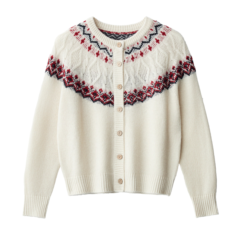 Sailfish kardigan od 100% merino vune, jacquard pletenje, okrugli izrez, dugi rukavi, srednja debljina, elegantan gradski stil, zima 2025