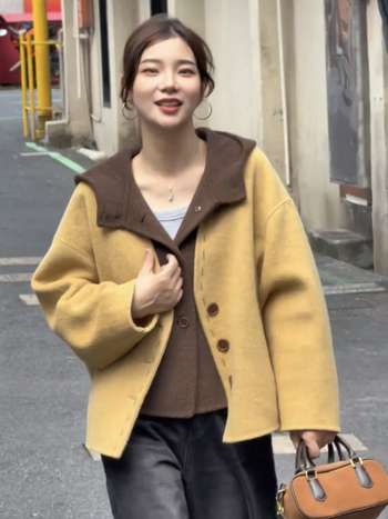 Дамско вълнено палто с качулка, свободен силует, корейски стил, дебел плат, дължина 50–65 см