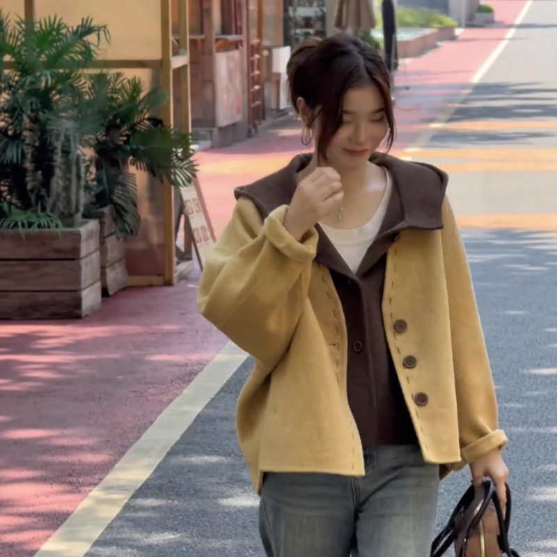 Дамско вълнено палто с качулка, свободен силует, корейски стил, дебел плат, дължина 50–65 см