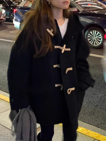 Дамско вълнено палто, средна дължина, качулка, еднобутонно закопчаване, корейски стил