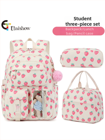 Torba za djevojke – Strawberry corduroy otisak, lagana, otporna na habanje, zakrivljene naramenice, podstava od poliestera, za srednju školu