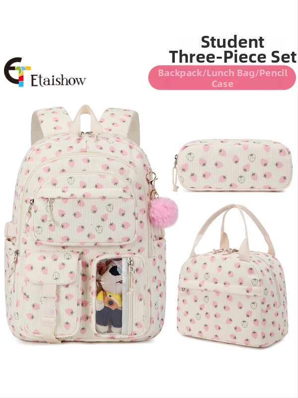 Torba za djevojke – Strawberry corduroy otisak, lagana, otporna na habanje, zakrivljene naramenice, podstava od poliestera, za srednju školu