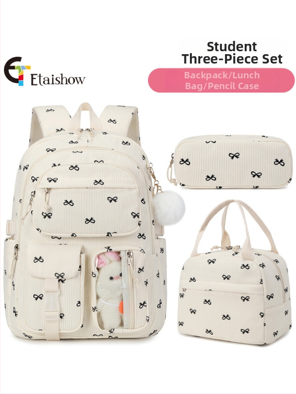 Torba za djevojke – Strawberry corduroy otisak, lagana, otporna na habanje, zakrivljene naramenice, podstava od poliestera, za srednju školu