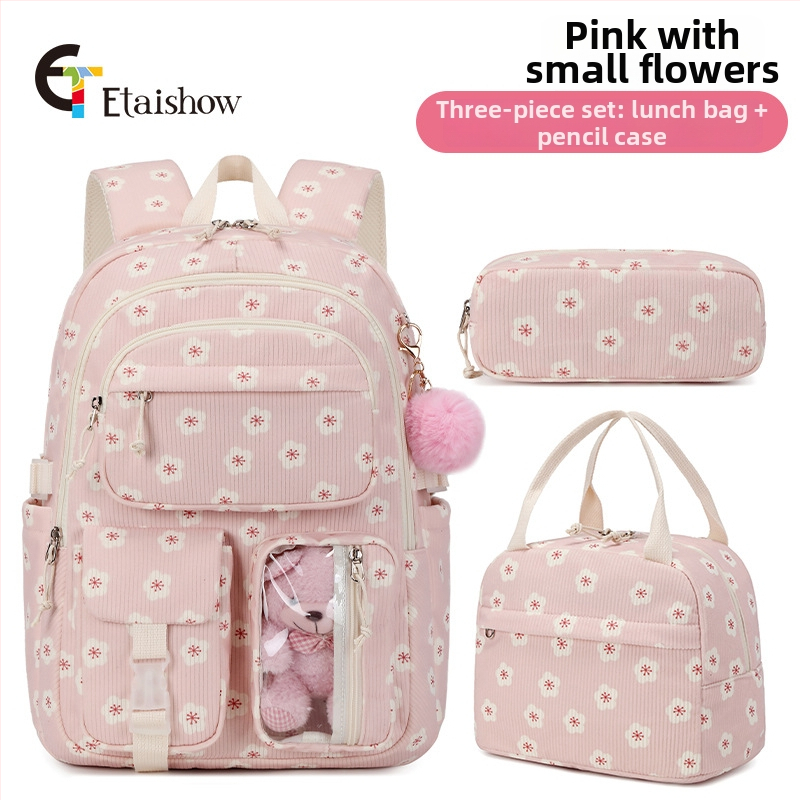 Torba za djevojke – Strawberry corduroy otisak, lagana, otporna na habanje, zakrivljene naramenice, podstava od poliestera, za srednju školu
