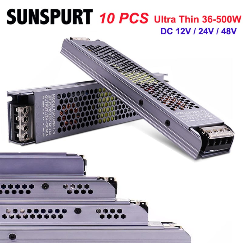 Sursă de alimentare LED ultra-subțire cu comutator pentru cutie de iluminat LED, intrare 100-265V AC, ieșire DC12V/24V, seria 45-500W, IP30, eficiență 90%