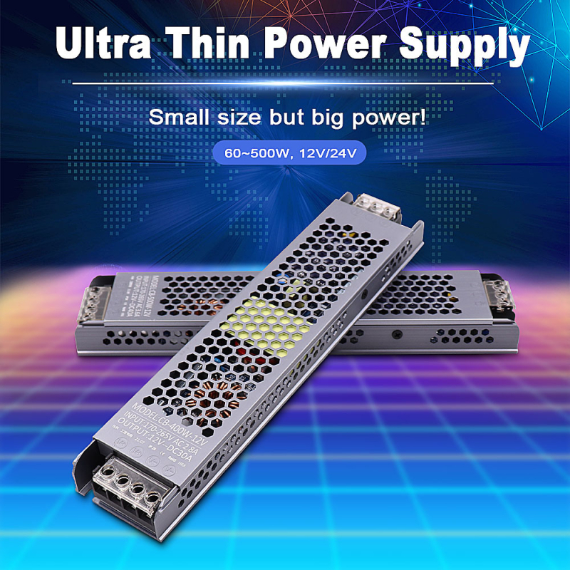 Sursă de alimentare LED ultra-subțire cu comutator pentru cutie de iluminat LED, intrare 100-265V AC, ieșire DC12V/24V, seria 45-500W, IP30, eficiență 90%