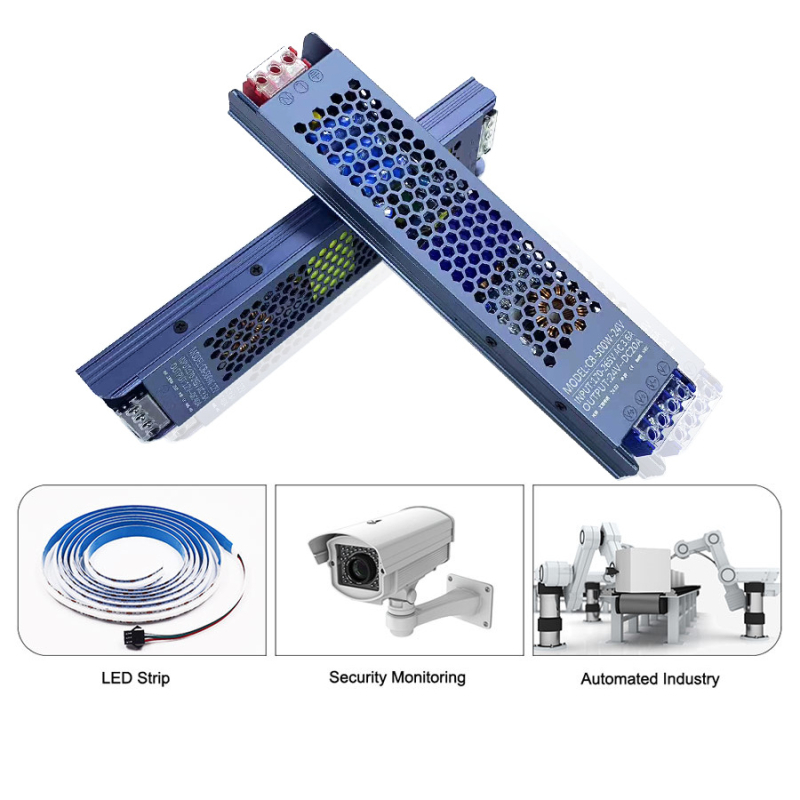 Sursă de alimentare LED ultra-subțire cu comutator pentru cutie de iluminat LED, intrare 100-265V AC, ieșire DC12V/24V, seria 45-500W, IP30, eficiență 90%