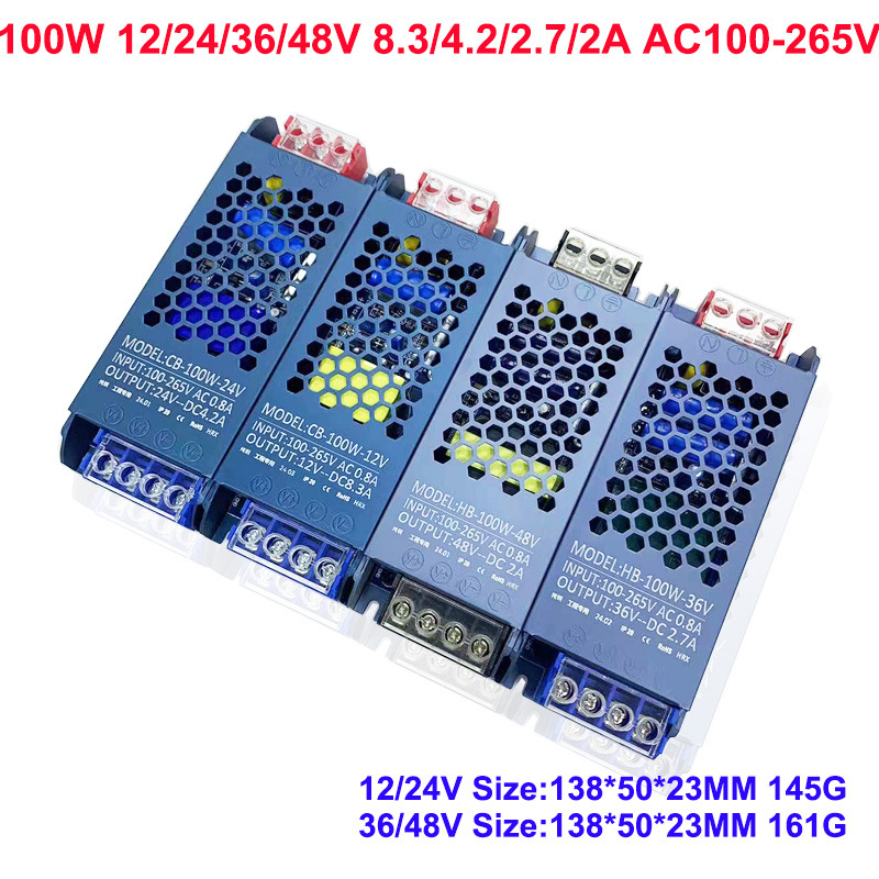 Sursă de alimentare LED ultra-subțire cu comutator pentru cutie de iluminat LED, intrare 100-265V AC, ieșire DC12V/24V, seria 45-500W, IP30, eficiență 90%