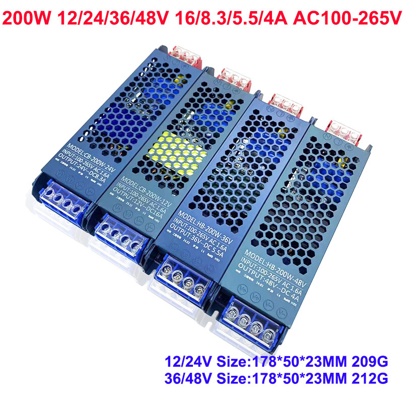 Sursă de alimentare LED ultra-subțire cu comutator pentru cutie de iluminat LED, intrare 100-265V AC, ieșire DC12V/24V, seria 45-500W, IP30, eficiență 90%