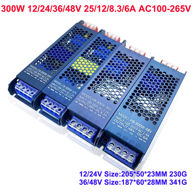 Sursă de alimentare LED ultra-subțire cu comutator pentru cutie de iluminat LED, intrare 100-265V AC, ieșire DC12V/24V, seria 45-500W, IP30, eficiență 90%