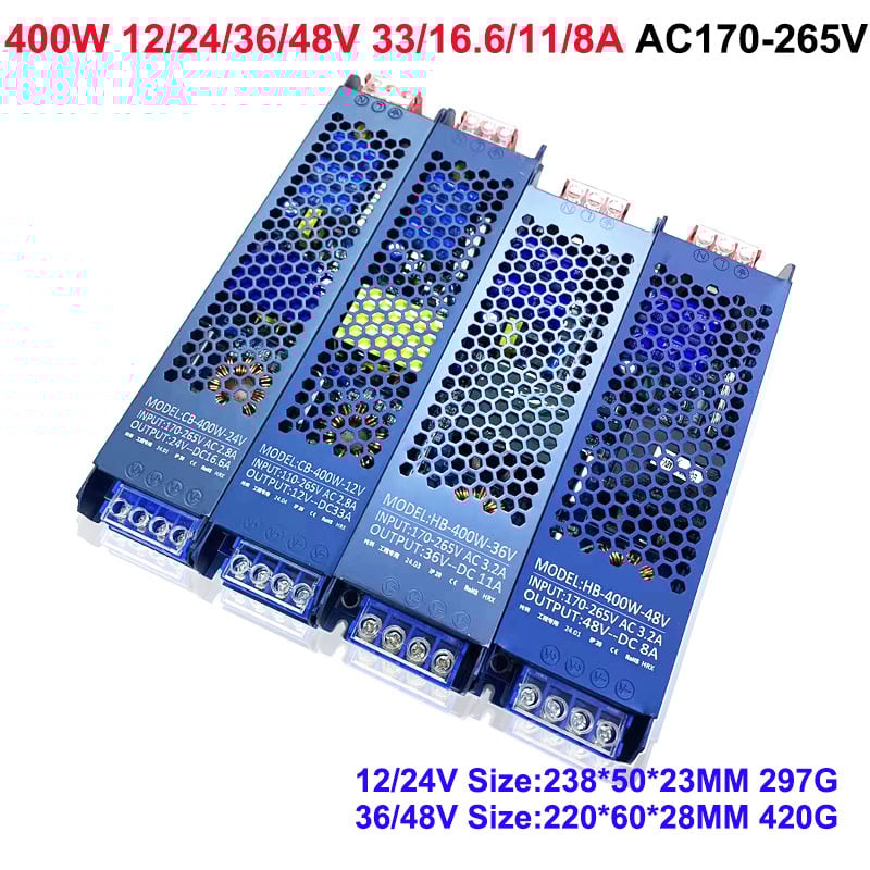 Sursă de alimentare LED ultra-subțire cu comutator pentru cutie de iluminat LED, intrare 100-265V AC, ieșire DC12V/24V, seria 45-500W, IP30, eficiență 90%