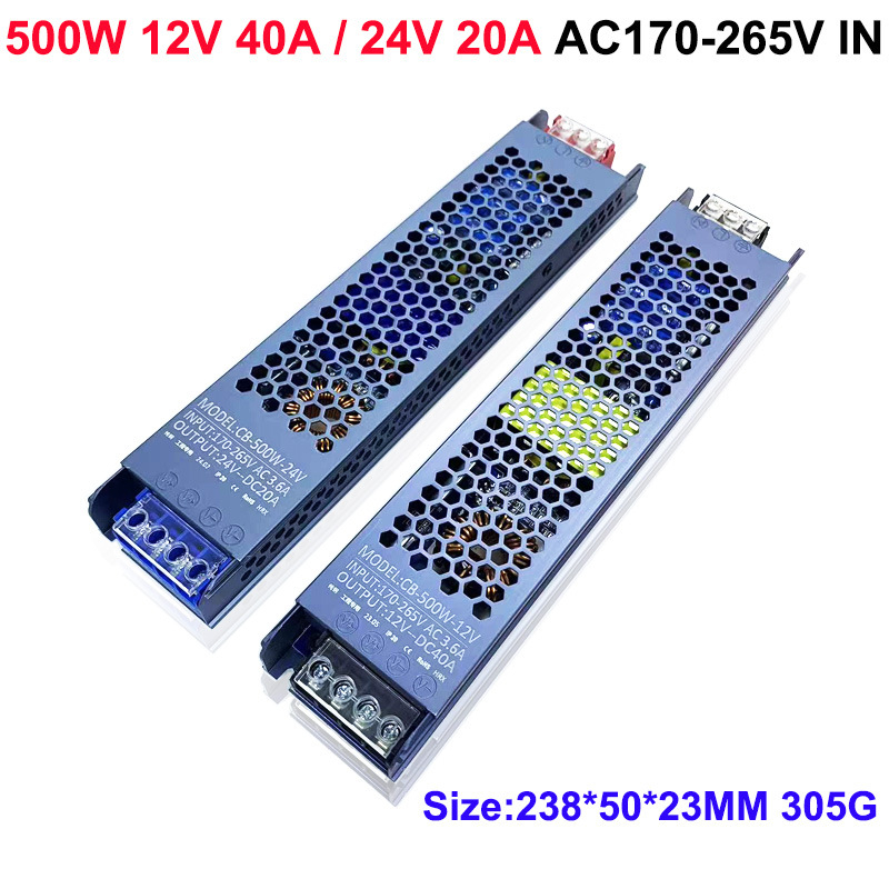 Sursă de alimentare LED ultra-subțire cu comutator pentru cutie de iluminat LED, intrare 100-265V AC, ieșire DC12V/24V, seria 45-500W, IP30, eficiență 90%