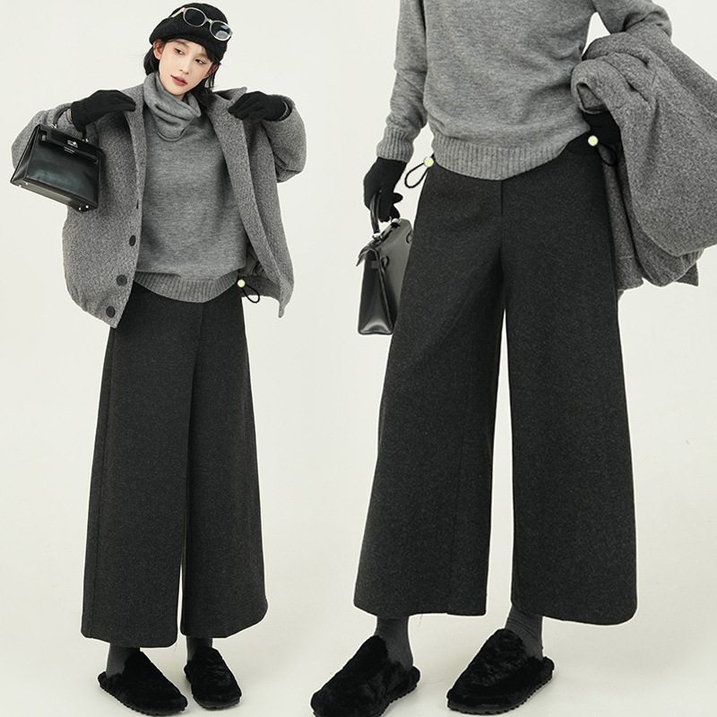 Панталони за бременни от вълна, висока талия, широки крачоли, дължина 9/10, плътна материя, полиестер 30–50% и вискоза под 30% (поддръжка на корема)