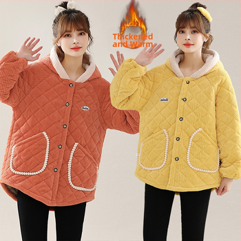 Женско памучно яке с пухкав пълнител, качулка, късо свободно, дебело кардуорено платно с подплата от флис, еднокопчано закопчаване