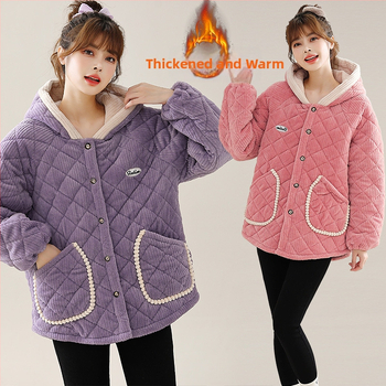 Женско памучно яке с пухкав пълнител, качулка, късо свободно, дебело кардуорено платно с подплата от флис, еднокопчано закопчаване