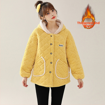 Женско памучно яке с пухкав пълнител, качулка, късо свободно, дебело кардуорено платно с подплата от флис, еднокопчано закопчаване