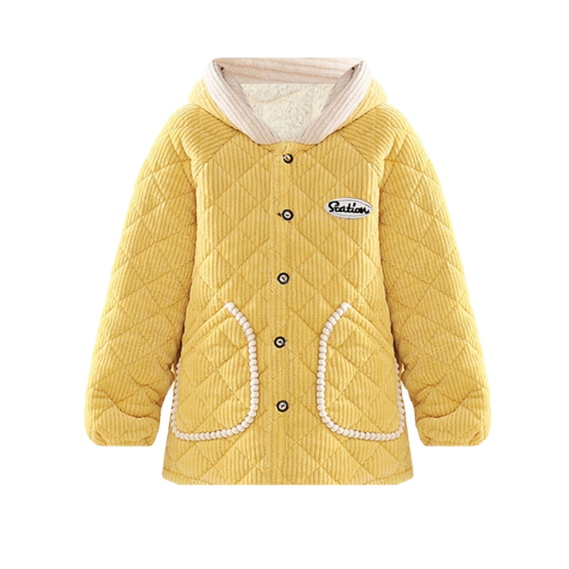 Женско памучно яке с пухкав пълнител, качулка, късо свободно, дебело кардуорено платно с подплата от флис, еднокопчано закопчаване