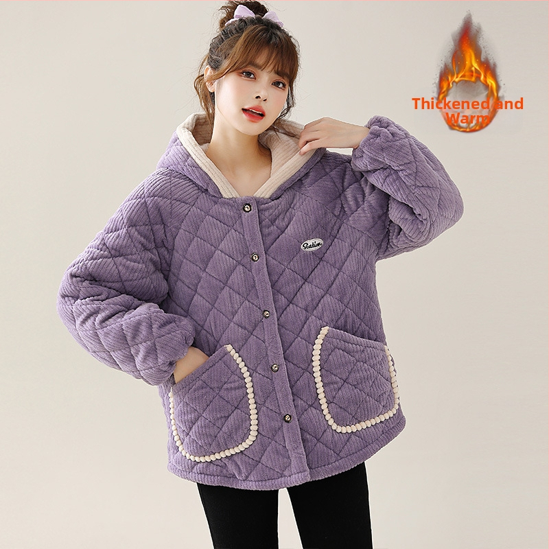 Женско памучно яке с пухкав пълнител, качулка, късо свободно, дебело кардуорено платно с подплата от флис, еднокопчано закопчаване