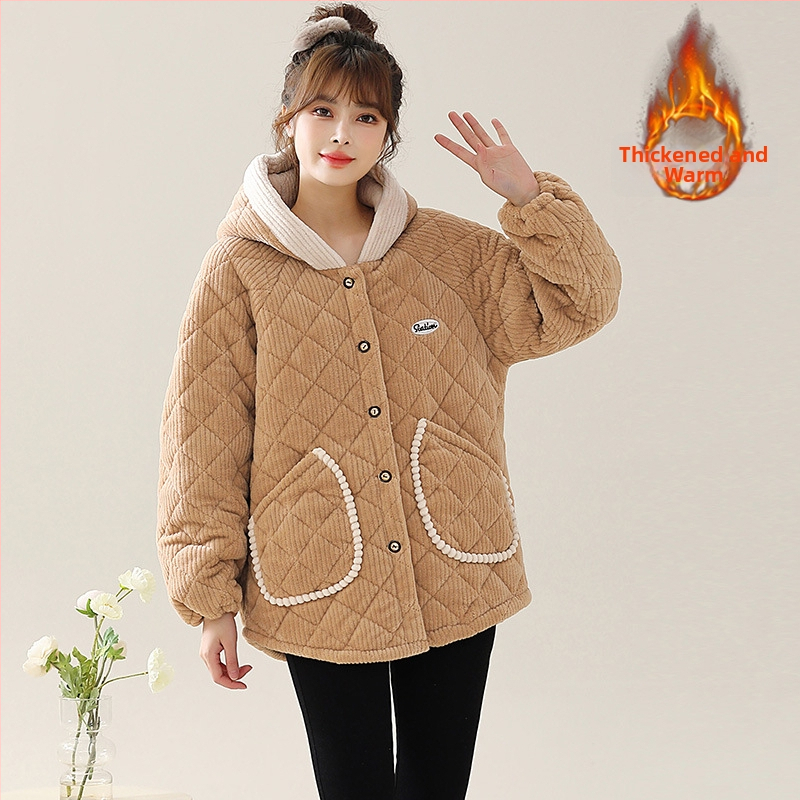 Женско памучно яке с пухкав пълнител, качулка, късо свободно, дебело кардуорено платно с подплата от флис, еднокопчано закопчаване